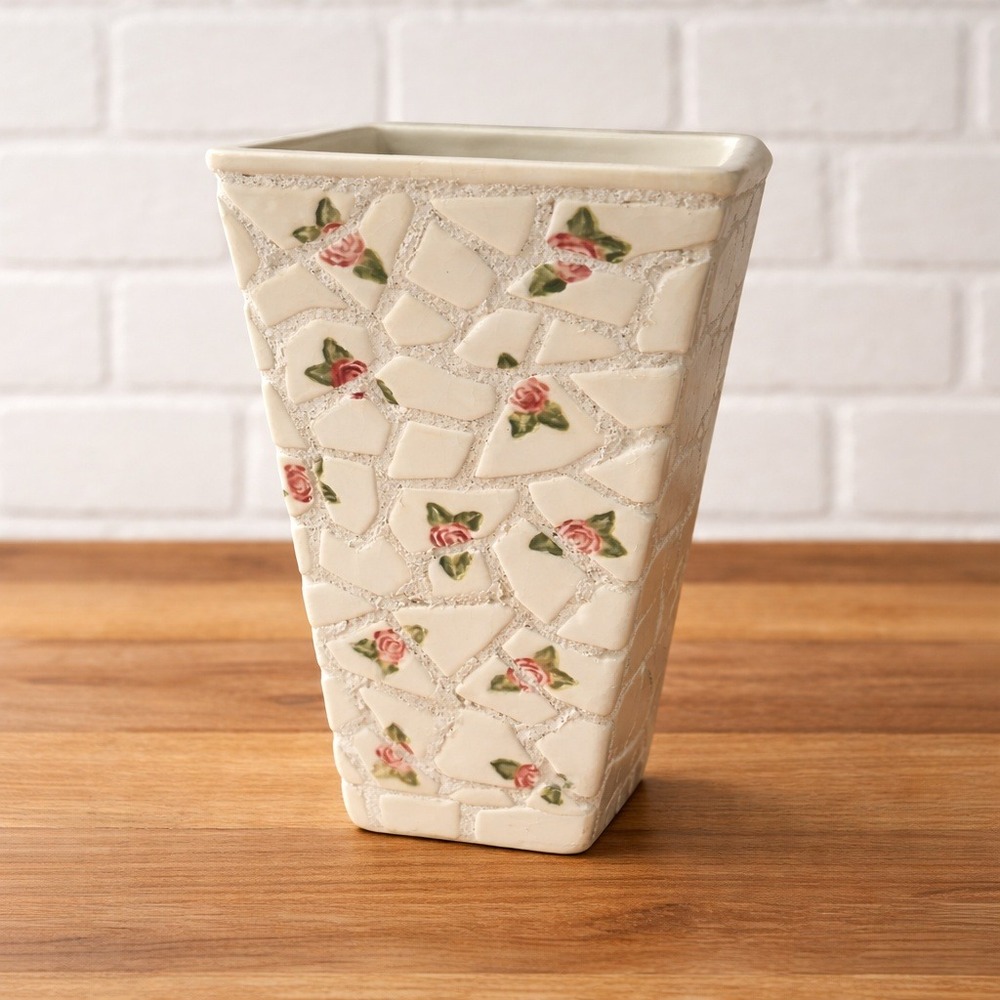 Burton & Burton Mosaic Rose Vase 8" Tall Tapered Square Ceramic Pink‎ Floral f/b